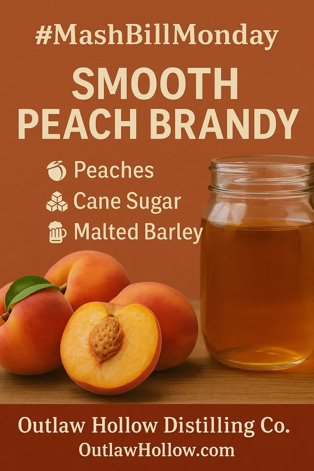 Mash Bill Monday graphic: Smooth Peach Brandy, with peaches, cane sugar and malted barley beside a jar of brandy