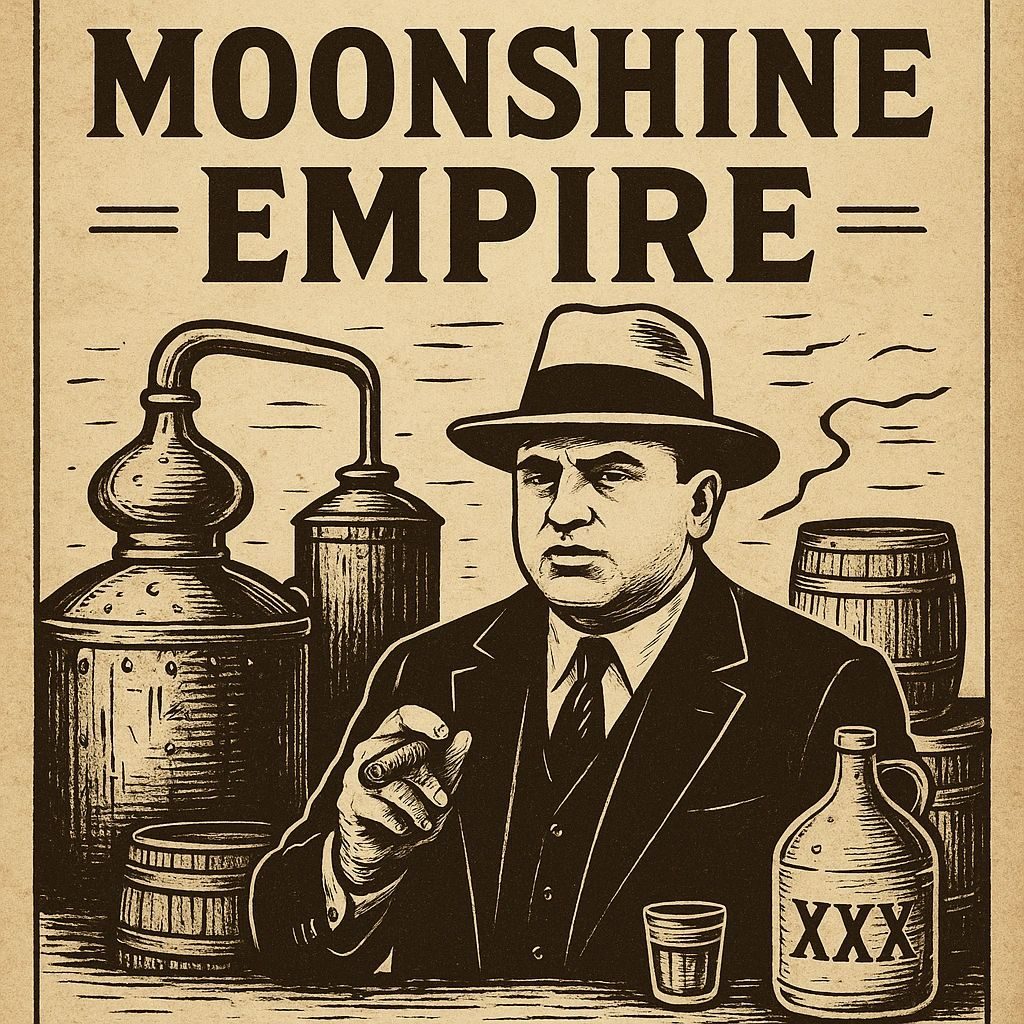 Moonshine Empire illustration: a man in a fedora and dark suit holding a cigar beside copper stills, barrels and an XXX jug