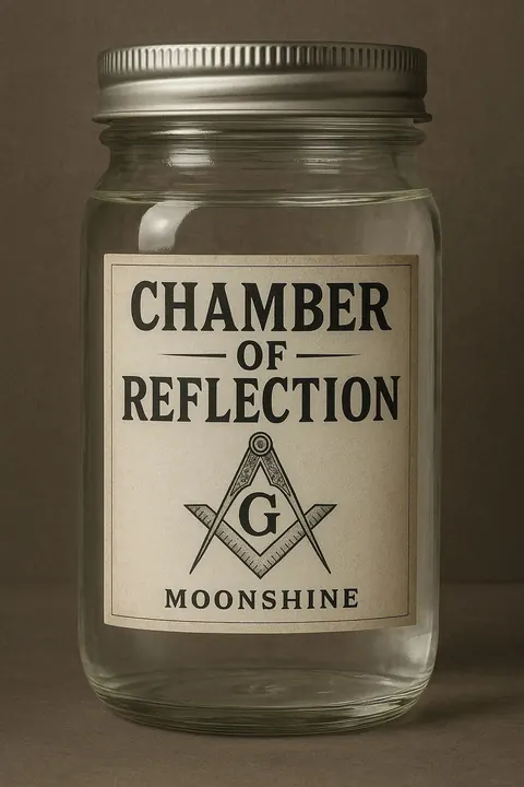 Label art for Chamber of Reflection: a jar of clear peach moonshine with peaches