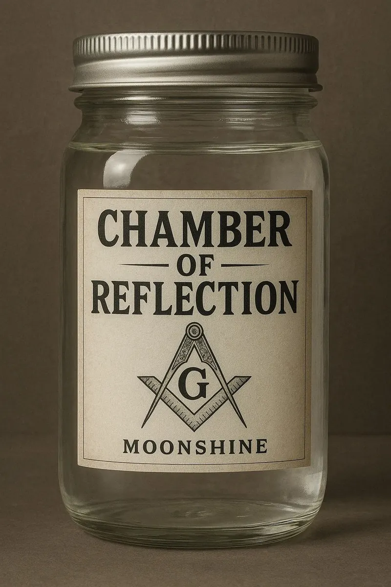 Label art for Chamber of Reflection: a jar of clear peach moonshine with peaches