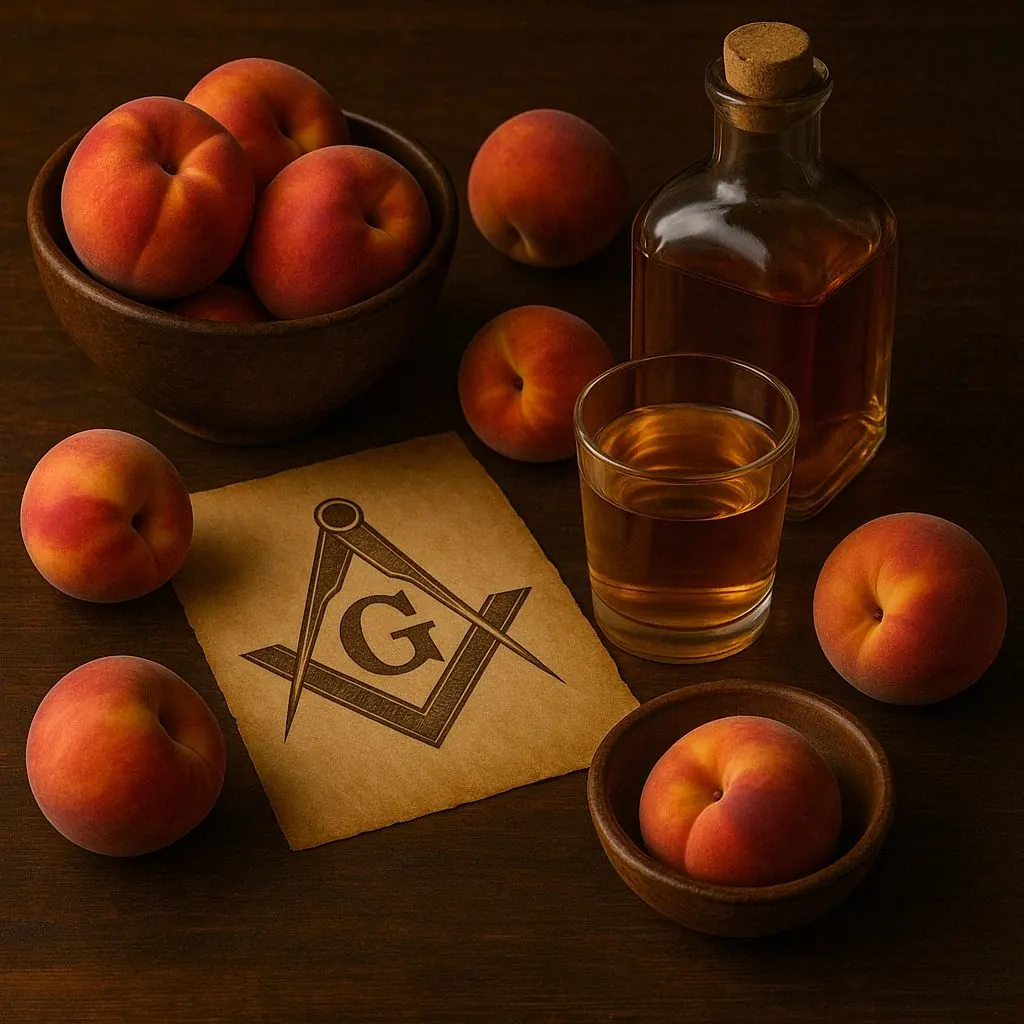 Label art for Chamber of Reflection: a jar of clear peach moonshine with peaches