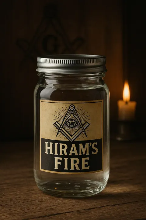 Label art for Hiram’s Fire: a jar of clear moonshine with jalapeños and flame