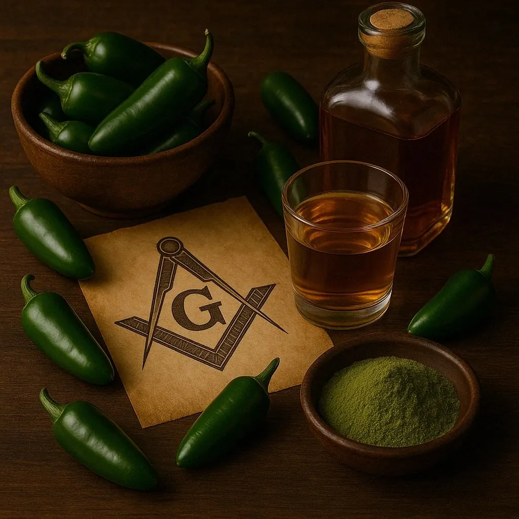 Label art for Hiram’s Fire: a jar of clear moonshine with jalapeños and flame