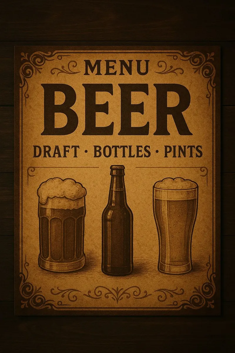 Beer menu board: draft, bottles, pints