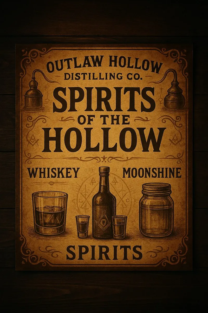 Spirits of the Hollow menu board: whiskey, moonshine and spirits