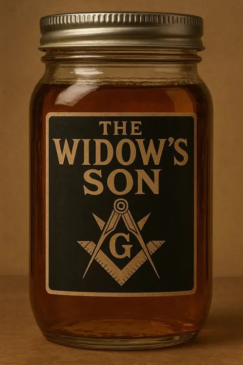 Label art for The Widow’s Son whiskey: a jar of amber whiskey by candlelight