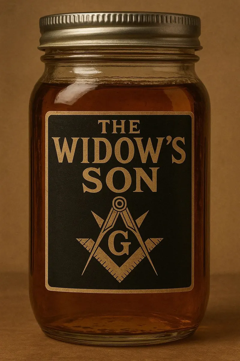 Label art for The Widow’s Son whiskey: a jar of amber whiskey by candlelight